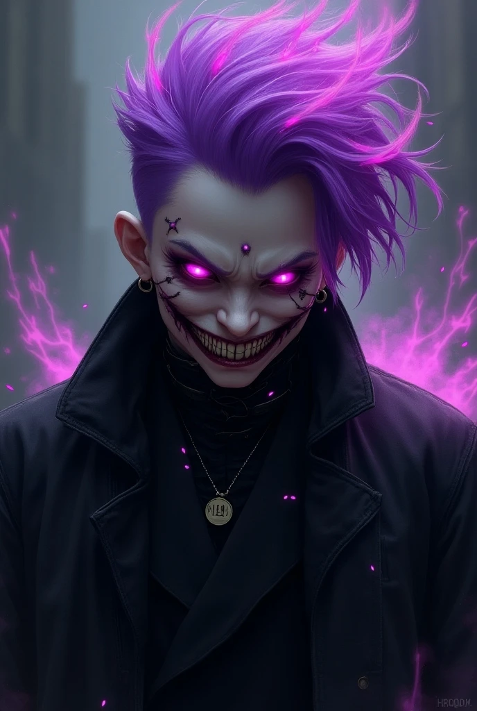 Adult guy, white clown mask, purple hood and cloak, white T-shirt, purple print on T-shirt, black jeans, magic masks flying around, Masterpiece, best quality, Full HD, 8k, ultra details, great graphic