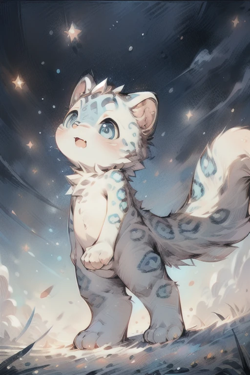 masterpiece, ((snow leopard)), ((big blue eyes)), deformed, toddler, ((Petite and cute emphasis)), male, furry, hyper cute face, long tail, fang, solo, winter, nude, ((long tail)), ((short legs)),