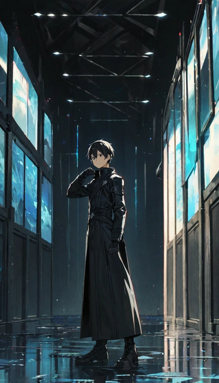 masterpiece, Best Quality, 8k, ((1 male, Alone, male focus, Confident,)), Beautiful ocean glass room , Best Quality, Kirito, anime style cool guy, Sword Art Online, black slim armor, black trench coat, 1boy, looking at viewer, standing, thinking, smiling, upper body, ultra-detailed, Simple background, high quality, high resolution,,very evill smile,very short hair,clothes are all black, A Face That Exudes Meanness and Cunning has a realistic live-action feel,Draw the whole body down to the toes 、Black boots