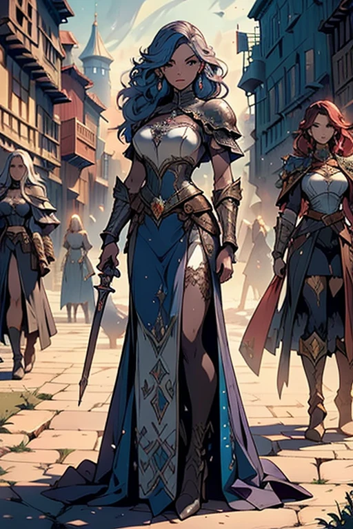 1girl, ((slim)) tall pirate sexywoman, thin waist, 18 years old, ((ornate ((steel)) breastplate armor)), average breasts. (((cleavage))), ((((very long blue skirt)))), ((headband)), on a ship, ((gorgeous slim face)), ((Brown hairs)), ((long straight flowing hairs)), sea, detailled face, marterwork, serious eyes, intense detailled eyes