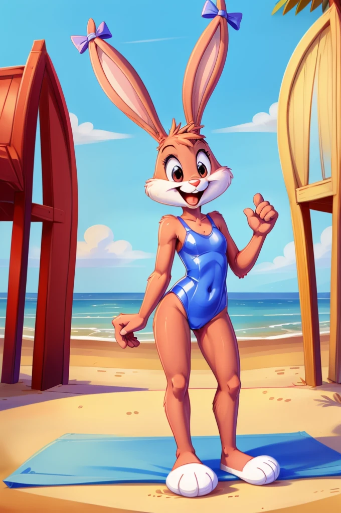 Rabbit is a full-length cartoon girl slim skinny in a tight lycra swimsuit on the beach with a happy face, big feet, bows on the ears