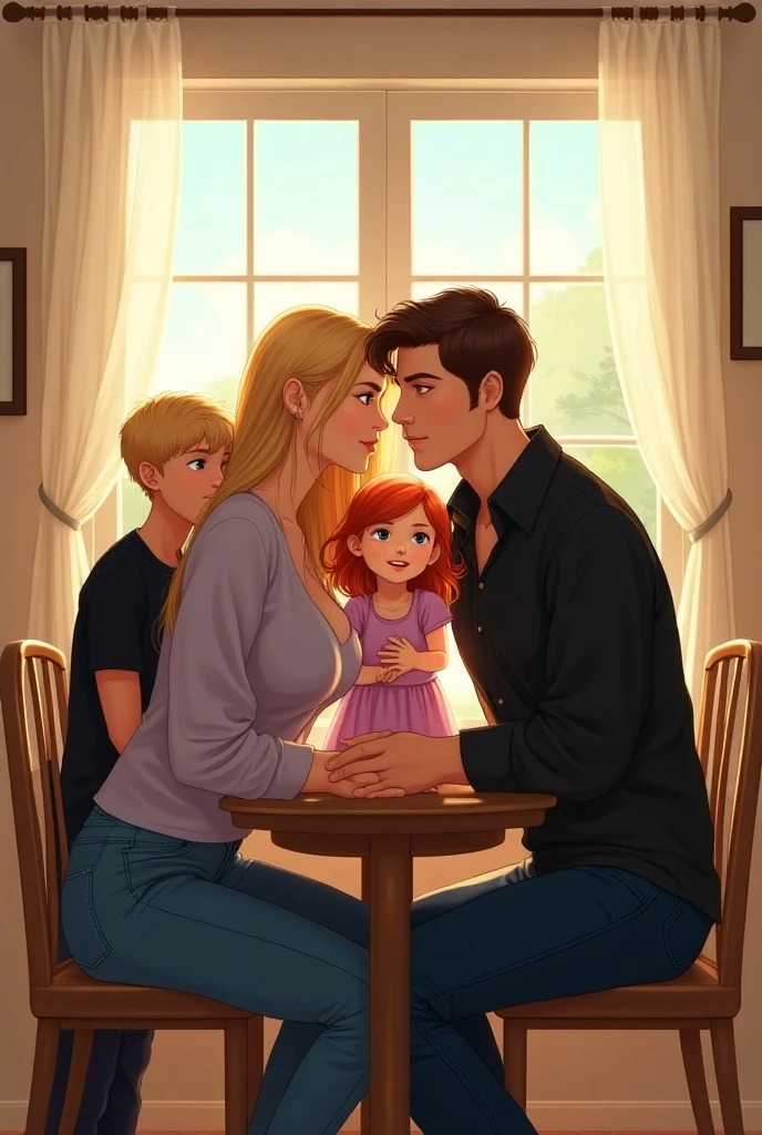 (best qualityer)), ((work of art)), (detailded), a woman with strawberry blonde hair, amber eyes, wearing a beautiful, elegant and comfortable dress with her firstborn son with green eyes and strawberry blonde hair, a big boy and his father, an extremely handsome alpha man with a defined body, green eyes, short black wavy hair, tanned on a sofa in the background, a room with paintings and royal things