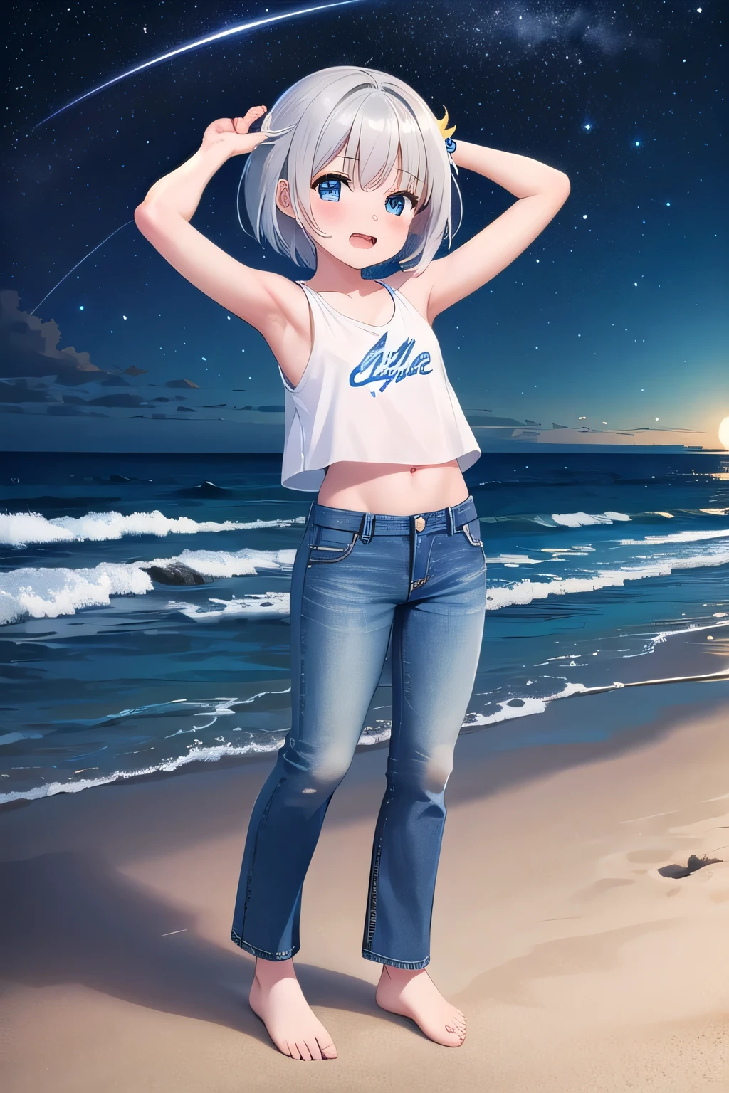 masterpiece,best quality,ultra detail,1girl, yo,pee,Laugh happily,background((under the beach, moonset time, under sand beach, starry night)), beautiful silver short hair, hair ornament, x hair ornament,Raise your arms and behind your head, White tank Tops, cropped t-shirt, jeans, blue pants, (flares jeans 1:1), blue jeans, standing sexual pose, (legs spread:3:1), orgasm,