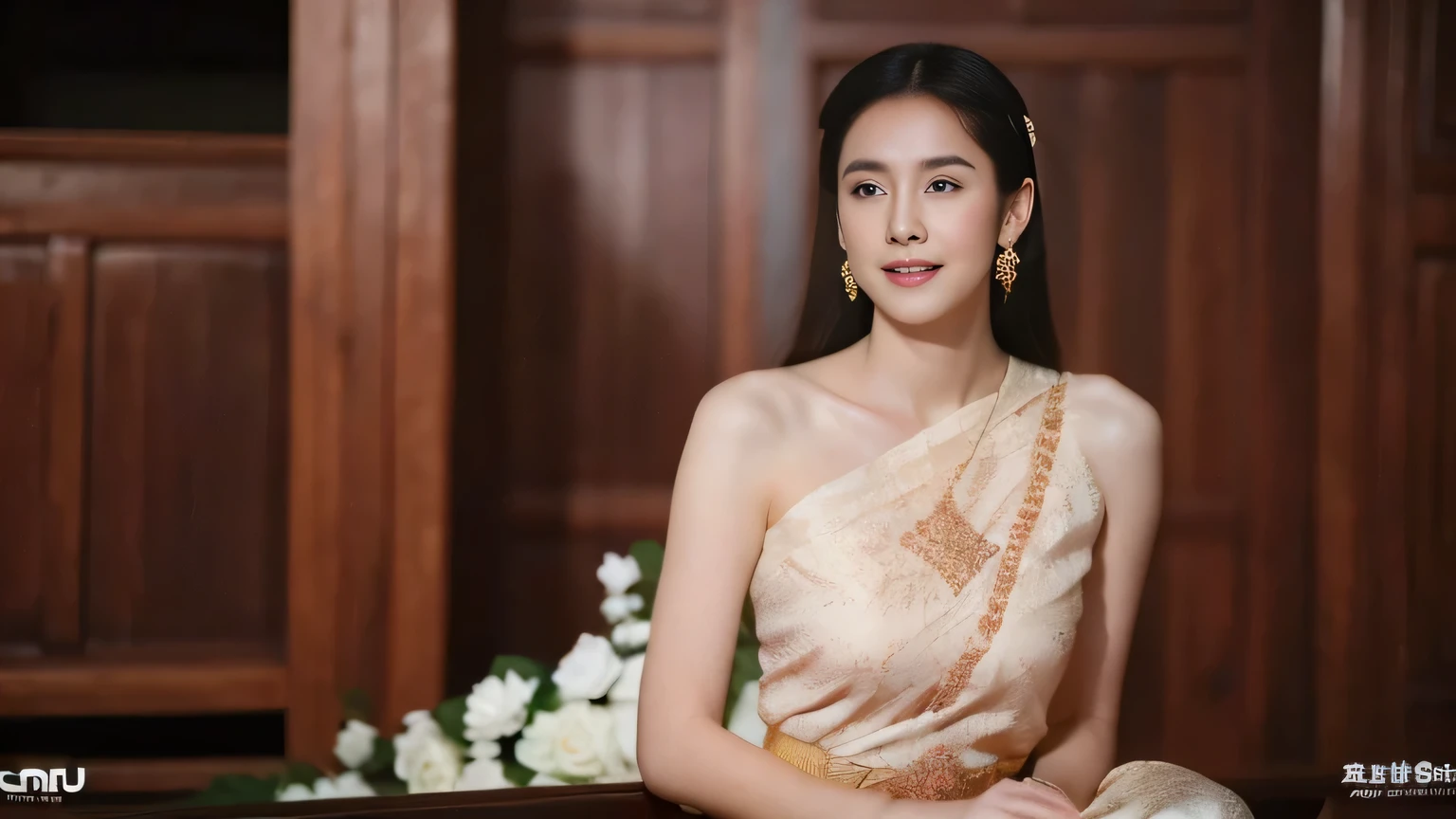 (Raw images:1.2), (realistically:1.4), ( Masterpiece:1.3), ( best quality :1.4), breast detail , ( eye detail), ( Details, facial features ), (Detailing the appearance of clothing), HDR, 8k resolution, Focus only , Thai dress , Thai veil , 1 woman, Big Breasts, Giant Rift, Big Breastsดันเสื้อผ้า, Big Breasts, Mature chest ..., ทำให้Big Breastsขึ้น.., Small waist, Beautiful legs, facing viewer , Full body, Depth of field, Cinema-grade lighting system , Big Breasts, too big for your body, reveal flat belly , visible lower half of the chest ..., Sexy sitting position, Photos from eye-catching angles , Correct visual composition , Full picture ,
