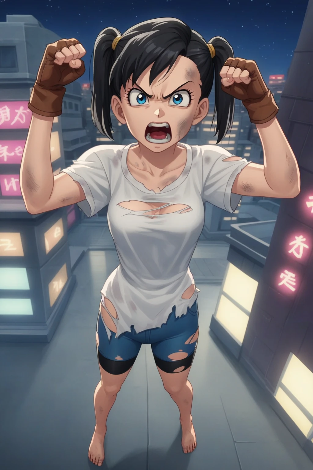 source_anime, score_9, score_8_up, score_7_up, anime screencap,
videldbz, solo, blue eyes, black hair, 1girl, night sky, city skyline, neon, arm up, twintails, long shirt, white shirt, blue jeans, barefoot, angry, from above, dirty, fingerless gloves, victory pose, teeth, open mouth, brown gloves, eyelashes, v-shaped eyebrows, bike shorts, torn clothes, 
