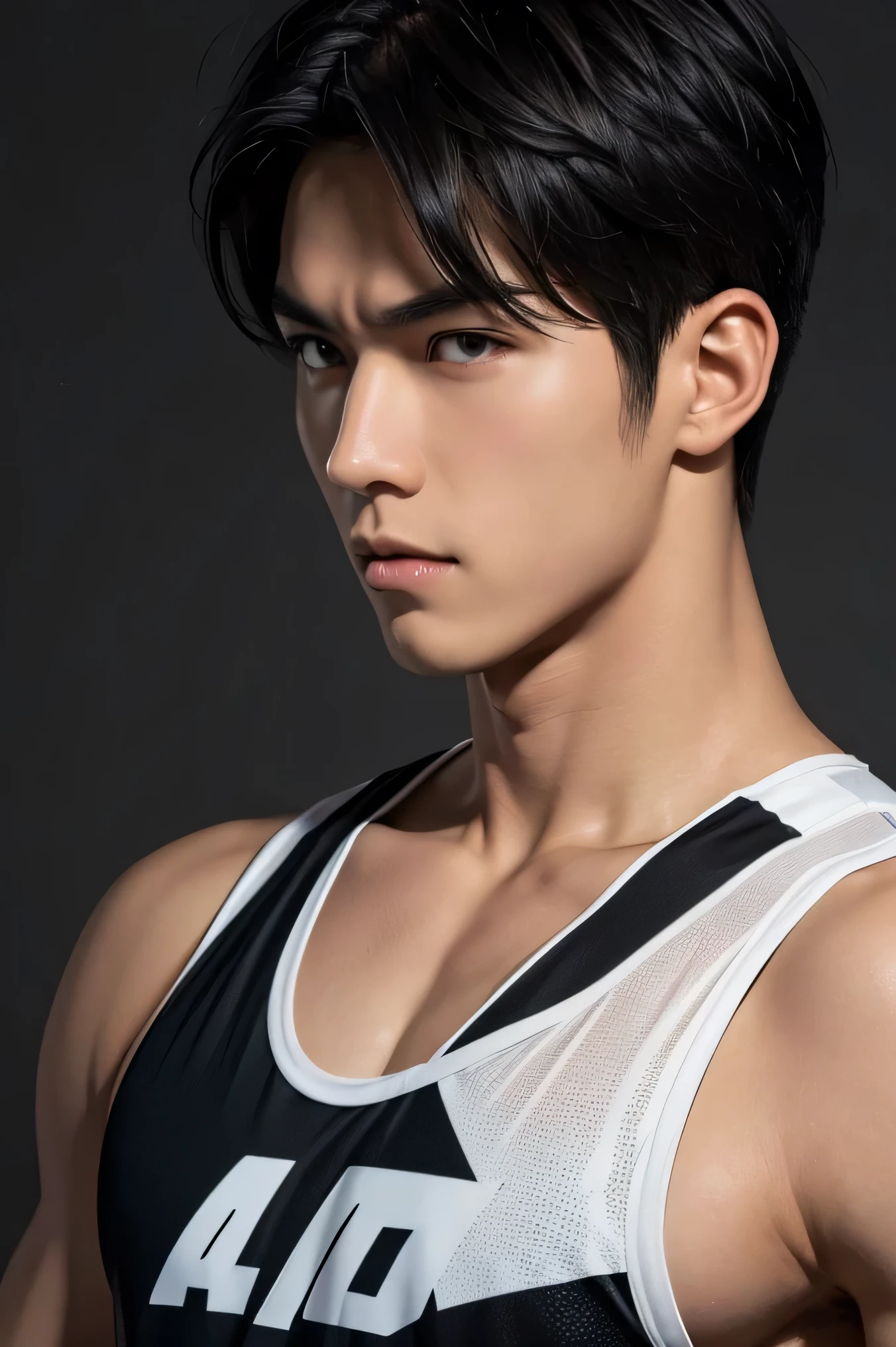 Japanese handsome Short cut Black Hair male Slim figure Fearless Sportsman wrestling singlet No Background The overall screen is bright male Slim figure bright light Light background Close-up of face profile No bib number 後ろ向きで振り返るClose-up of face Face of worry