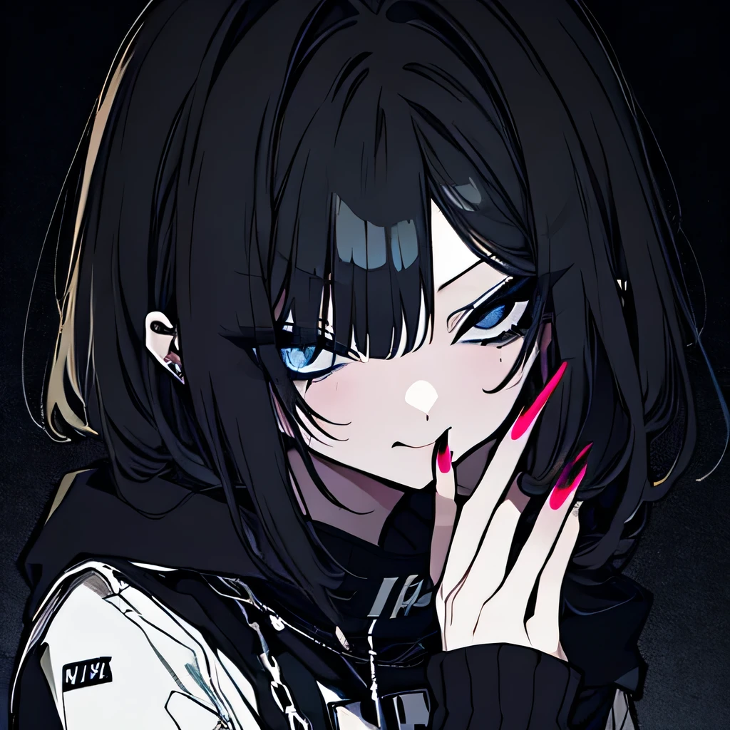 1girll，utmost+meticuloso_the face，utmost+Beautiful+meticuloso_The eye，The upper part of the body，closeup cleavage，cyberpunk backgrouns，sketching，solidcolor，A woman in a black shirt and black dress，Minimalist style，Wear elegant casual clothing，Boots，Milk and black style，Black eyes，Modern and stylish dress，casual modern clothing，inspo , Anime，Blackn clothes, a black skirt, Neutral tones, Black and white color scheme, leisure wear, Scary face,, 22 year old, adult face, Long hair, ((Black hair))