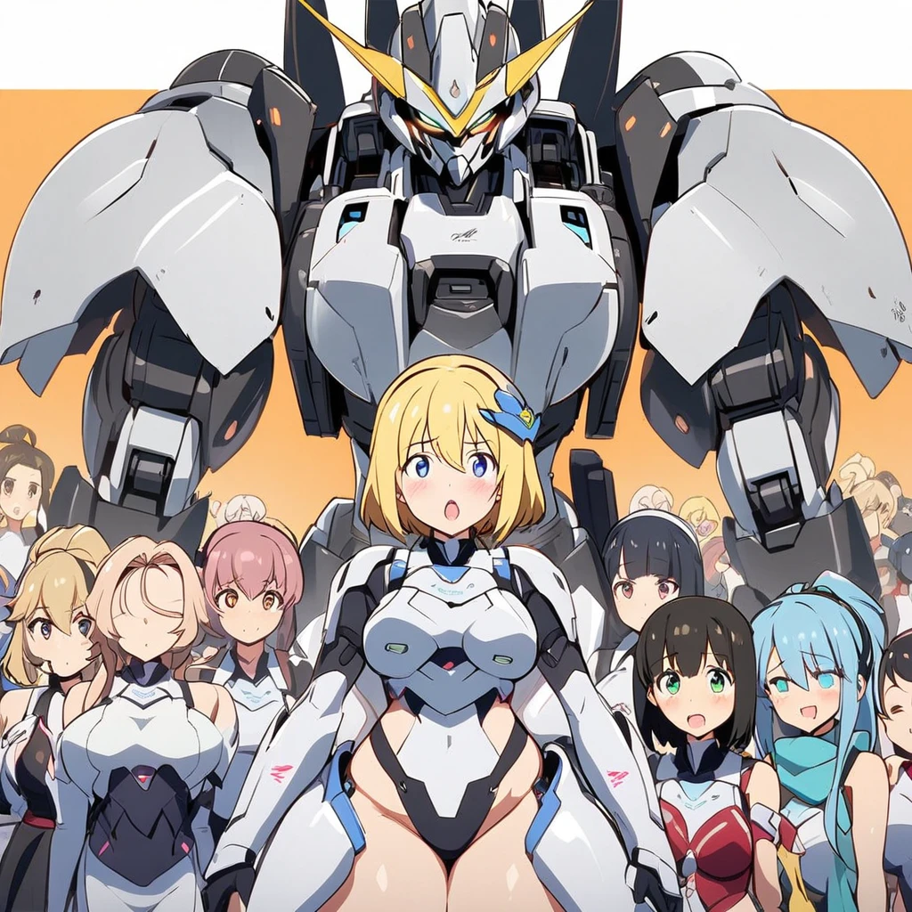 Anime, girls Wearing soft mecha armors, multiple girls, girls surrounding, curvy body