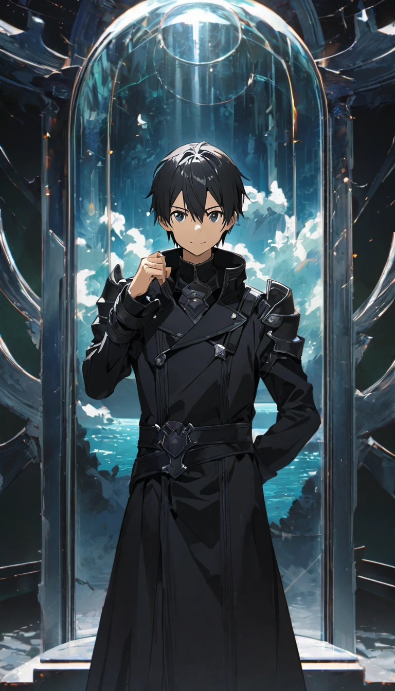 masterpiece, Best Quality, 8k, ((1 male, Alone, male focus, Confident,)), Beautiful ocean glass room , Best Quality, Kirito, anime style cool guy, Sword Art Online, black slim armor, black trench coat, 1boy, looking at viewer, standing, thinking, smiling, upper body, ultra-detailed, Simple background, high quality, high resolution,,very evill smile,very short hair,clothes are all black, A Face That Exudes Meanness and Cunning has a realistic live-action feel, draw a large screen up to the toes 、Black boots