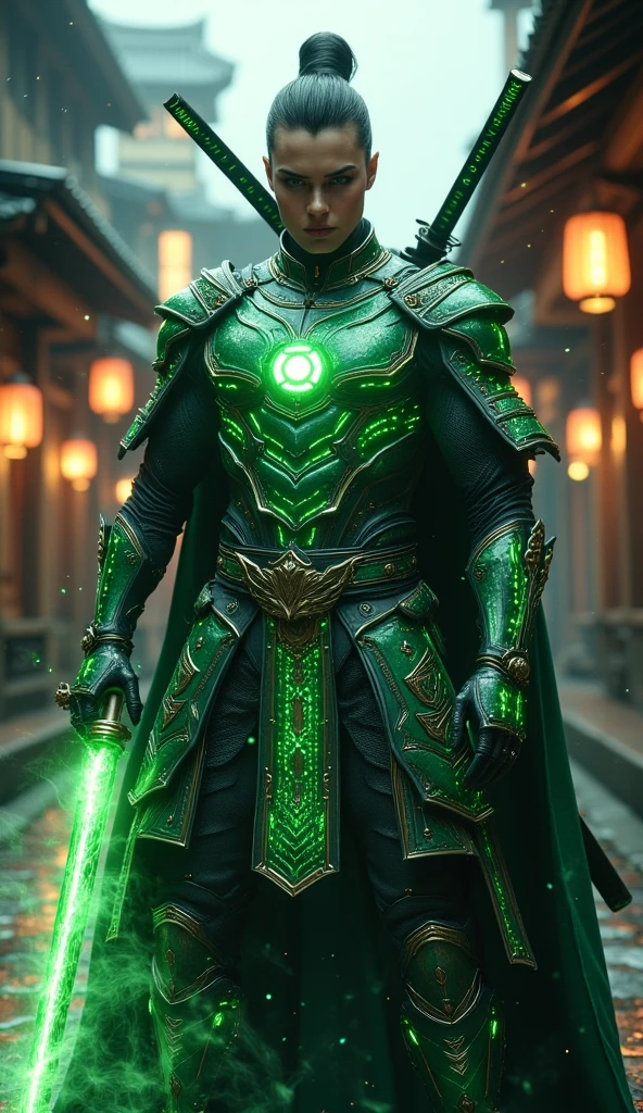 "Create an ultra-realistic, wide-shot image of Green Lantern reimagined as a powerful Samurai warrior, standing in a traditional Japanese street. His tactical samurai armor is blended with Green Lantern’s signature green and black colors, featuring intricate glowing green patterns inspired by his energy constructs, giving the armor a mystical glow. The armor is highly detailed with samurai elements like plated shoulder guards, chest armor, and gauntlets, accented with the Green Lantern emblem subtly embedded in the chest plate. He wears a dark cloak with a hood draped over his head and shoulders, enhancing his mysterious and powerful presence. A long, razor-sharp katana is strapped to his back, with a hilt that glows faintly green, symbolizing his willpower. The background is an old Japanese street lined with wooden buildings, kanji signs, and lanterns that cast a warm glow, creating an authentic historical Japanese atmosphere. Mist lingers in the air, adding a cinematic feel, as Green Lantern stands ready as a legendary Samurai warrior, perfectly framed in a wide shot to capture his commanding presence."