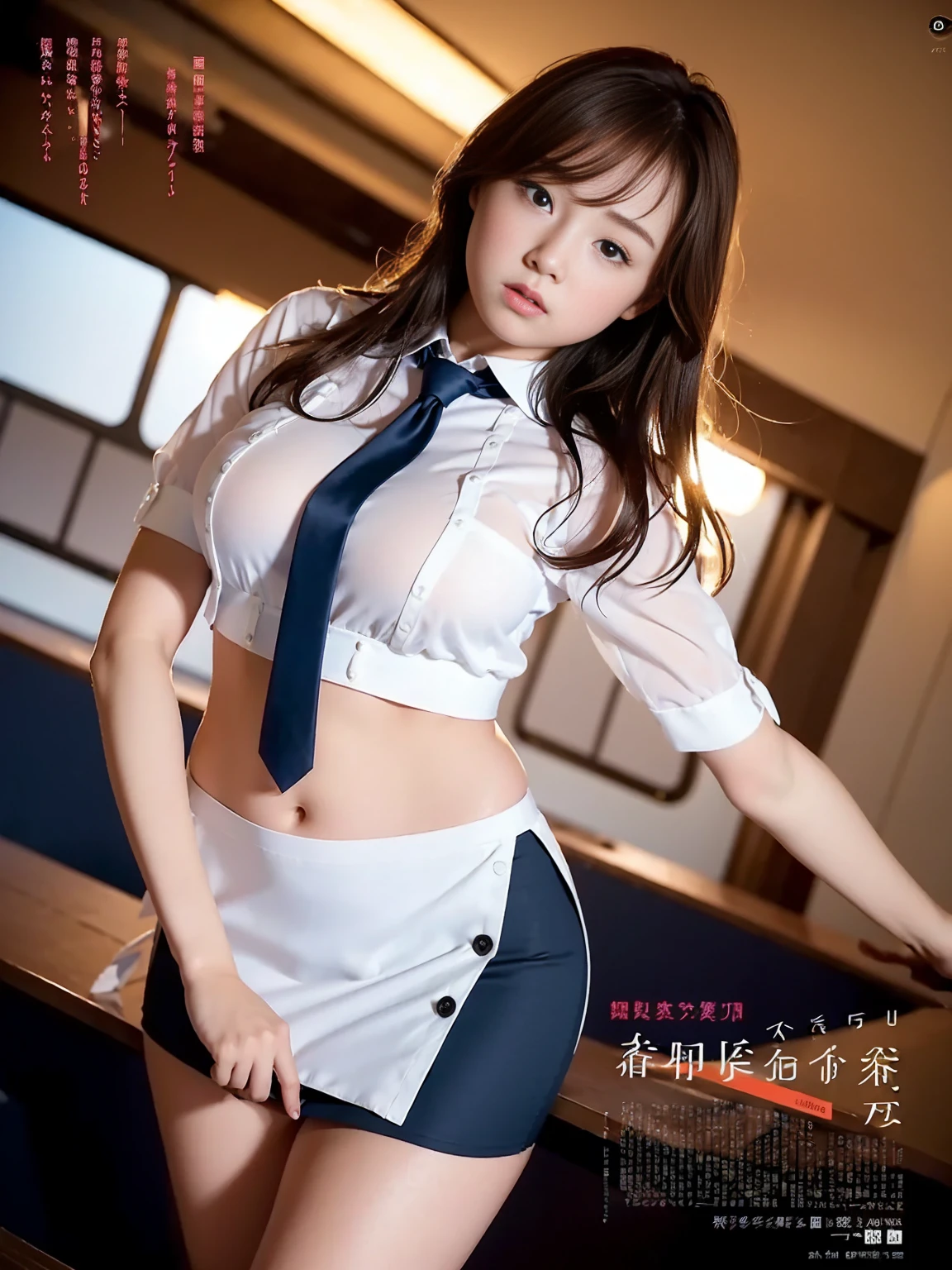 (NSFW:1.7), ​masterpiece, top-quality, The ultra -The high-definition, Top resolution, ighly detailed, profetional lighting、pretty skin、A slender, a very cute,  rather large breasts,  red blush, light brown hair、 Sheer uniform、naked shirts, a navel, Naughty look, see -through, white  shirt, Real High School Girl Mini Skirt、((1 boy、Straddling a man with open legs))
