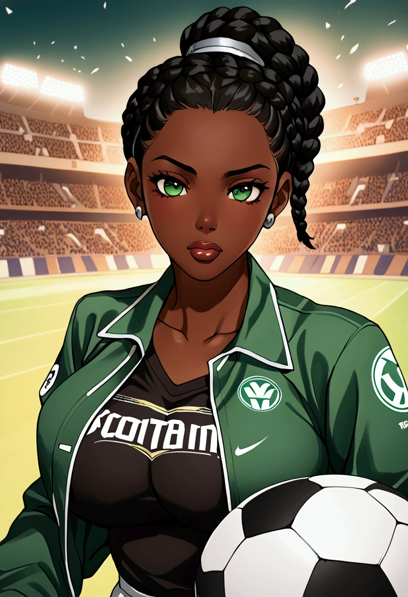 (masterpiece, top quality, best quality,official art, beautiful and aesthetic:1.2),anime drawing of an dark skin woman with a black braids and a black shirt((cool football logo)), wearing brown sports jacket halfbody headshot, sports fan girl, single braid hairstyle, short hair, green eyes, big breasts, huge breasts, football stadium background 