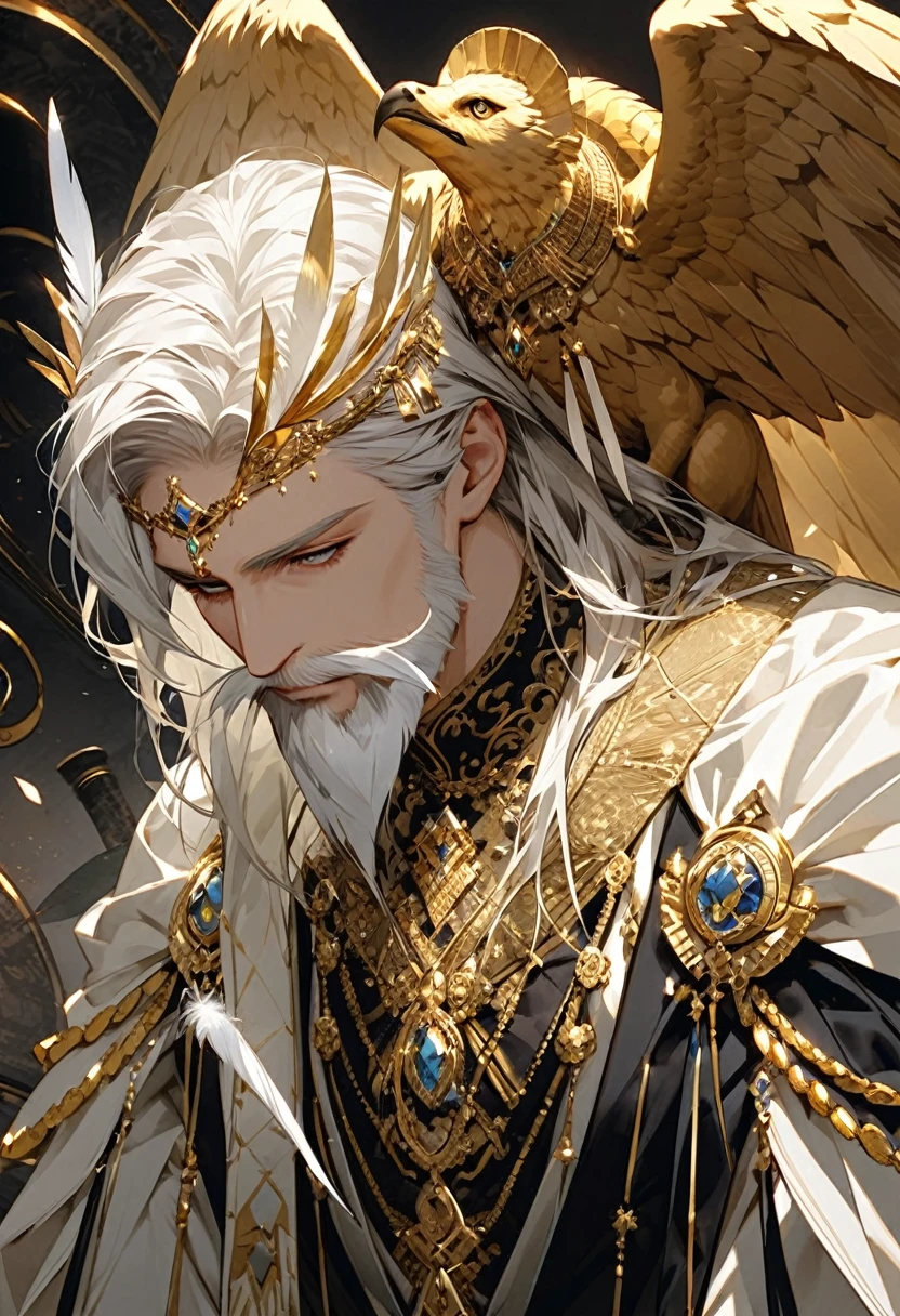 (art: 1.2), (best quality: 1.2) 1 man, mature, tall (2.00 cm), appears to be around 35 years old, has long silver-white hair, straight and shiny, with eyes of two different colors: the right eye is blue like ice, the left eye is pink, extremely detailed eyes, perfect eyes, extremely realistic eyes, well-aligned eyes, long eyelashes, anime style, perfect face, serious and majestic face, mature, fair skin, natural and balanced body, perfect hands, detailed hands, hands well-proportioned to the body, realistic hands, arms with good anatomy, wearing an emperor’s Chinese attire decorated with gold and silver, featuring dragon patterns that look very beautiful and luxurious, sitting on a golden chair with dragon carvings symbolizing leadership, detailed drawing of the chair, with a spectral image of a long Eastern dragon with intertwined purple and gold scales behind him, looking at the viewer, background scene is a Chinese-style pavilion hall, posing alone, looking at the viewer.