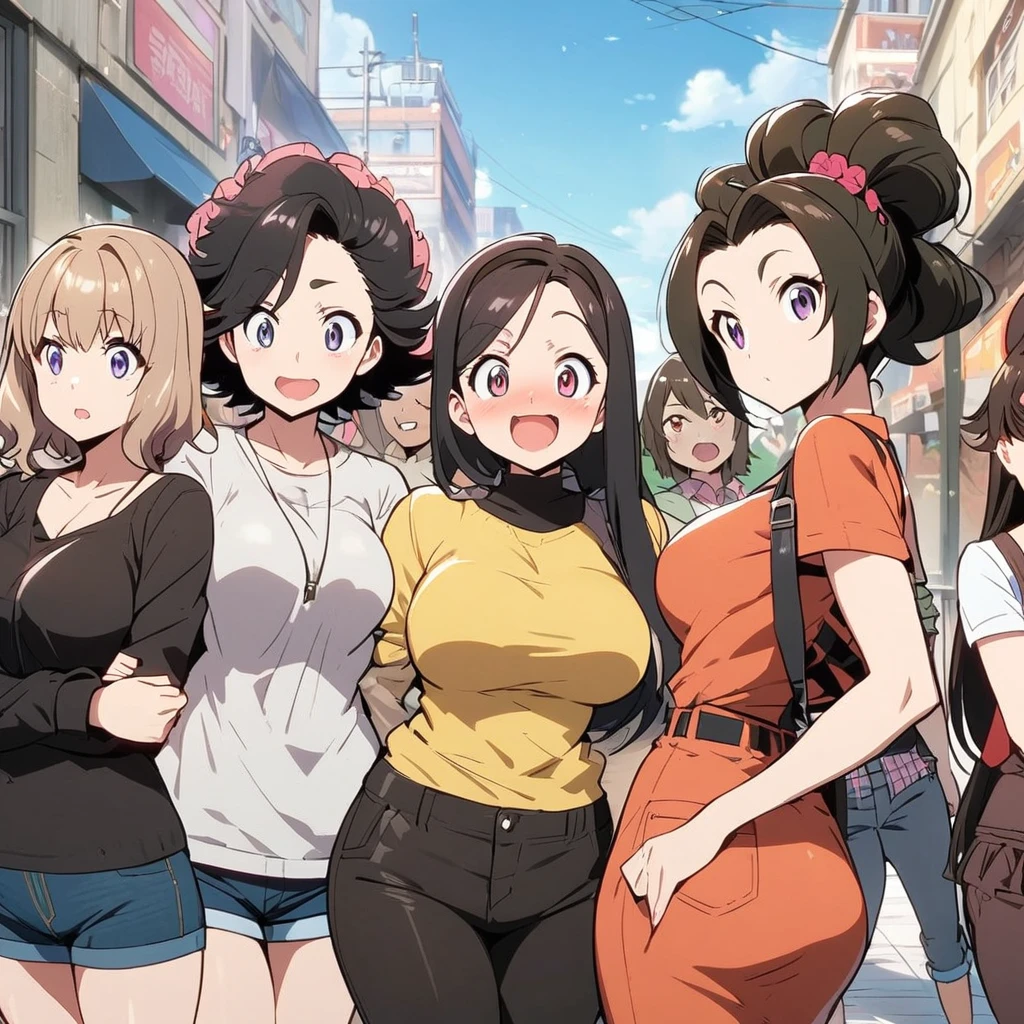 Anime, Frankenstein girls, casual Clothes, multiple girls, girls surrounding, curvy body