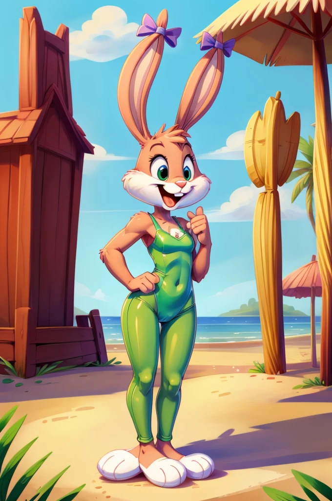 Rabbit is a full-length cartoon girl slim skinny in a green tight lycra swimsuit on the beach with a happy face, big feet, bows on the ears