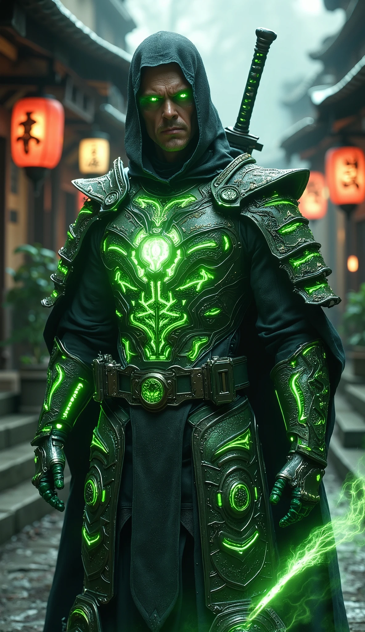 "Create an ultra-realistic, wide-shot image of Green Lantern reimagined as a powerful Samurai warrior, standing in a traditional Japanese street. His tactical samurai armor is blended with Green Lantern’s signature green and black colors, featuring intricate glowing green patterns inspired by his energy constructs, giving the armor a mystical glow. The armor is highly detailed with samurai elements like plated shoulder guards, chest armor, and gauntlets, accented with the Green Lantern emblem subtly embedded in the chest plate. He wears a dark cloak with a hood draped over his head and shoulders, enhancing his mysterious and powerful presence. A long, razor-sharp katana is strapped to his back, with a hilt that glows faintly green, symbolizing his willpower. The background is an old Japanese street lined with wooden buildings, kanji signs, and lanterns that cast a warm glow, creating an authentic historical Japanese atmosphere. Mist lingers in the air, adding a cinematic feel, as Green Lantern stands ready as a legendary Samurai warrior, perfectly framed in a wide shot to capture his commanding presence."