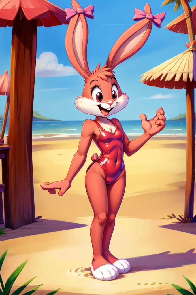 Rabbit is a full-length cartoon girl slim skinny in a crimson tight lycra swimsuit on the beach with a happy face, big feet, bows on the ears