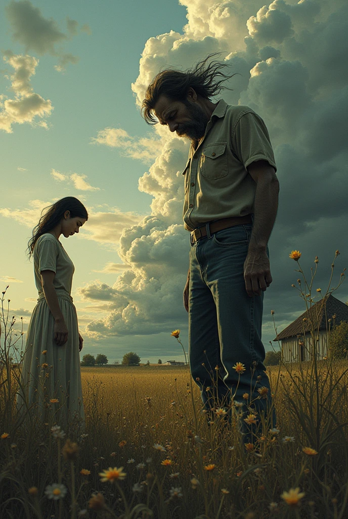 poor man with big, full brown hair and beard, wearing a farmer's hat, wearing old clothes, hugging a woman with straight, long, beautiful brown hair and seeing him patting her hair, wearing old clothes, the two sad. and in the background a very old wooden fence, sunlight in the world, on the grass floor. 8k image quality