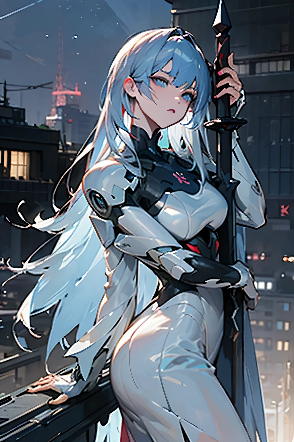 ((SFW)), masterpiece, best quality, highres 64k, professional artwork, clean, cinematic lighting, beautiful human face, beautiful blue eyes + detail, beautiful white hair + detail, multicoloured hair, (seductive young female body:1.4), (medium breast), sexy looking at the viewer, happy, 1girl, solo, Ada-1, android, white skin, expressionless, veil, cape, ((clothes + detail)), armored long dress, indoors, workshop, neon lamp, arms folded, cowboy shot, standing, <lora:Ada-1 v2:0.5>