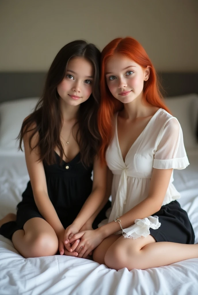 There is a woman sitting on a bed wearing a pink floral pajamas, red-haired girl, beautiful red-haired woman, red-haired woman, young red-haired girl, short bright red hair, red hair and attractive features, Anna Nikonova aka Newmilky, red-haired girl, redhead, beautiful woman, posing in bed, red head, with short red hair, posing in a room, (two heads)