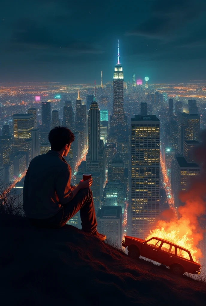 Thoughtful Brazilian skeleton soldier with hand on chin sitting on the edge of a downtown Sao Paulo city building at night in scribbled anime drawing.