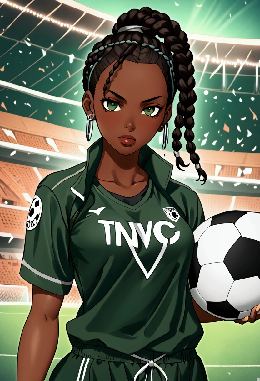 (masterpiece, top quality, best quality,official art, beautiful and aesthetic:1.2),((black:0.5, dark green:0.5, brown:0.35,silver0.45))anime drawing of an dark skin woman with black braids and a black shirt((cool football logo)), wearing brown sports jacket halfbody headshot, sports fan girl, single braid hairstyle, short hair, green eyes, big breasts, huge breasts, soccer, stadium background 