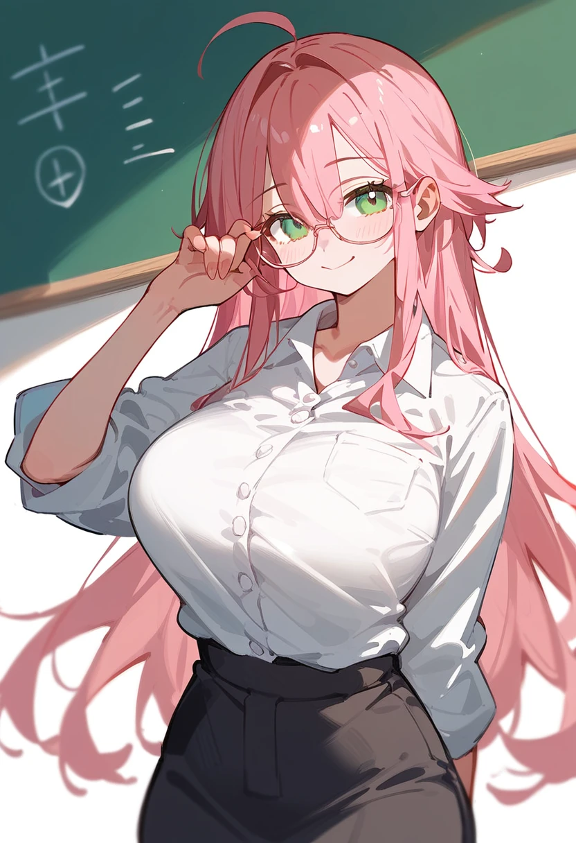 One Woman、private teacher、Big Breasts、Pink Hair、Long Hair、Ahoge、Kind older sister、Pink small glasses、Green Eyes、smile、Small eyes、Droopy eyeature