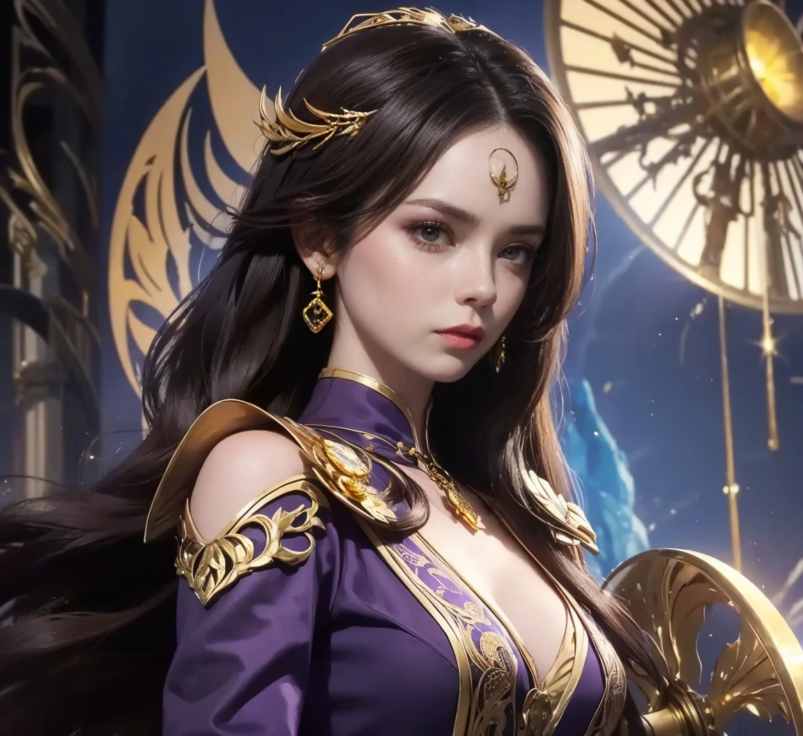 The image is a close-up portrait of a young woman with long dark hair and a fierce expression on her face. She is wearing a purple and gold outfit with intricate details on her neck and shoulders. Her hair is styled in loose waves and she has a pair of gold earrings on her forehead. The background is blurred, but it appears to be an outdoor setting with a blue sky and a golden structure. The woman is holding a large, circular object in her left hand, which is likely a weapon or a shield. The overall mood of the image is intense and powerful.