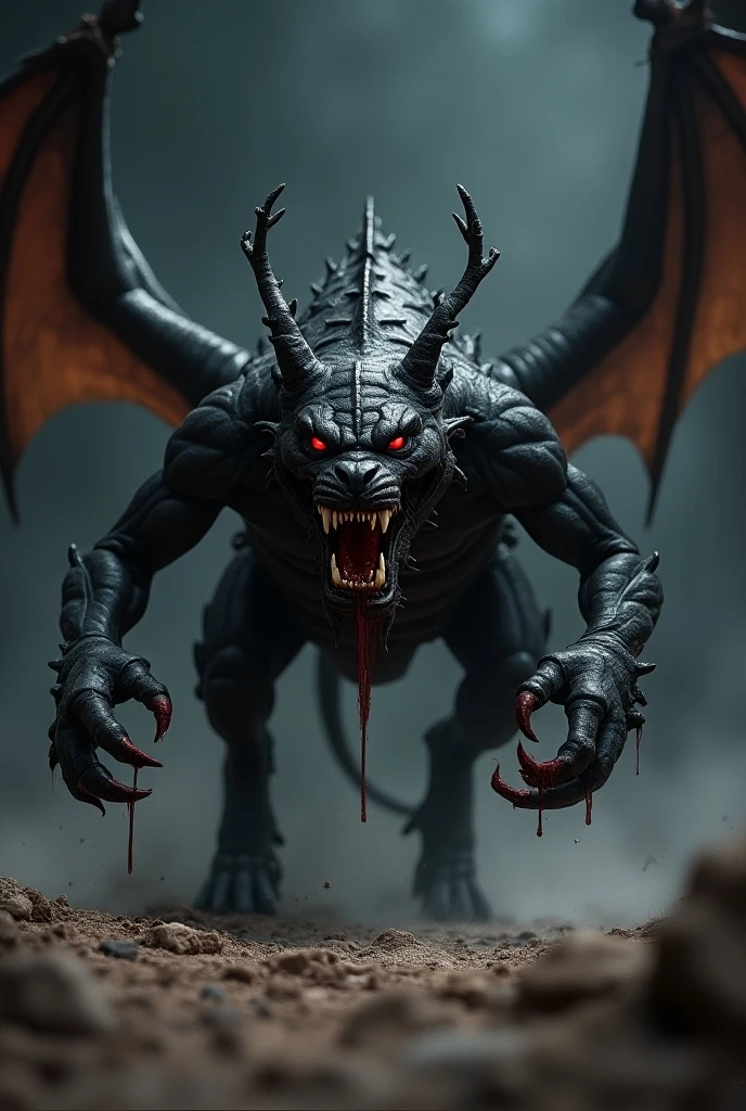 (extremely detailed 8k wallpaper), a full-body photo of a fearsome undead grey gargoyle necromancer, left hand clenched with fist on the ground with a skull and in right hand he holds a shield, 2 wings, intricate, high detail, dramatic, kneeling, large wings, head down, head down pose, near the ground;