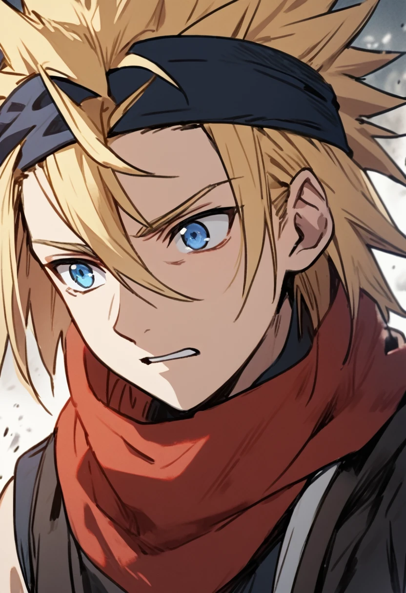  1 boy , Alone,  upper body , spiky hair, blond hair, Blue eyes, Reddened skin,  ninja headband ,  short orange crops,  black jacket without sleeves , red scarf, Confident expressions 