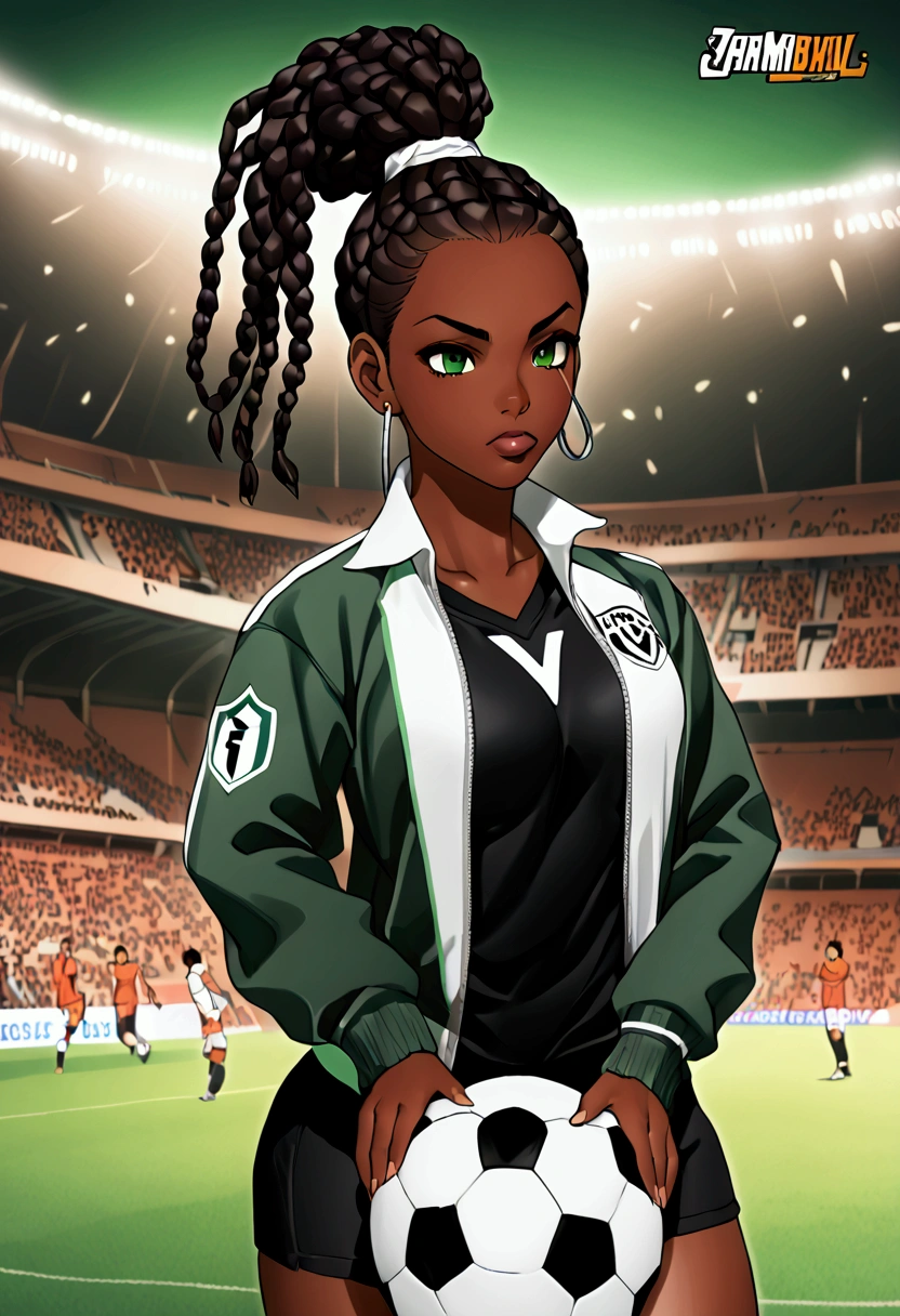 (masterpiece, top quality, best quality,official art, beautiful and aesthetic:1.2),((black:0.5, dark green:0.5, brown:0.35,silver0.45))anime drawing of an dark skin woman with black braids and a black shirt((cool football logo)), wearing brown sports jacket halfbody headshot, braided ponytails, braided hair extensions, sports fan girl, single braid hairstyle, short hair, green eyes, big breasts, huge breasts, soccer, stadium background, serious expression, plump lips 