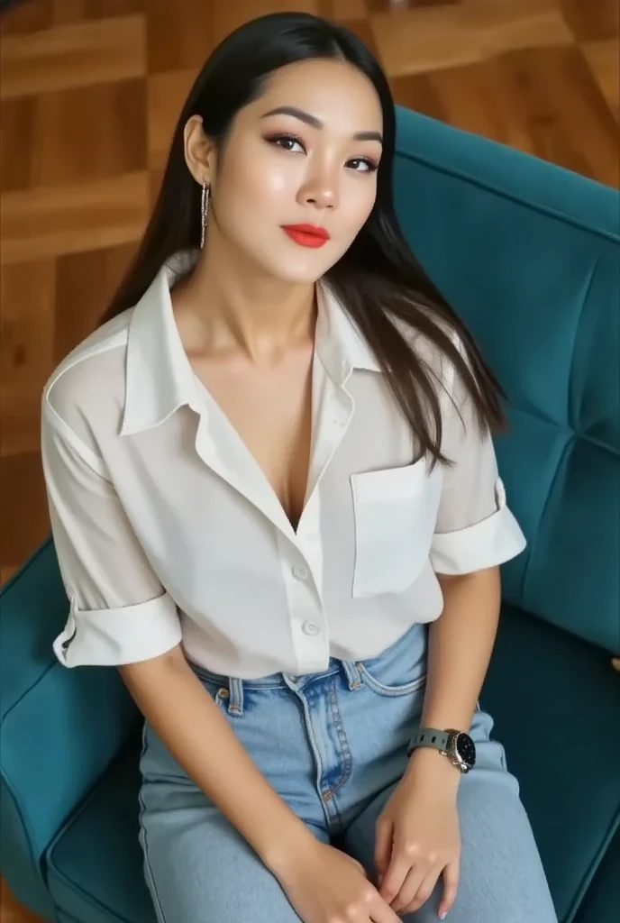 amira  is seated casually on a teal sofa, exuding a relaxed yet confident vibe. She leans back slightly, with one arm resting on the sofa and the other hand placed near her waist, adding to her laid-back posture. She wears a loose, white button-down shirt, slightly unbuttoned at the top for a relaxed look, paired with high-waisted light blue jeans. Her expression is calm but intense, with slightly raised eyebrows and a direct gaze that conveys a subtle allure. Her makeup is natural, enhancing her features, particularly her eyes, which are accentuated with soft eyeliner. She also wears a watch on her left wrist, adding a touch of sophistication. The lighting is soft and natural, highlighting her face and outfit while creating gentle shadows that add depth. The photo is shot from a slightly high angle, which emphasizes her pose and brings attention to her expression, enhancing the overall mood of the image. The setting includes a wooden parquet floor in the background, contributing a cozy, modern feel.