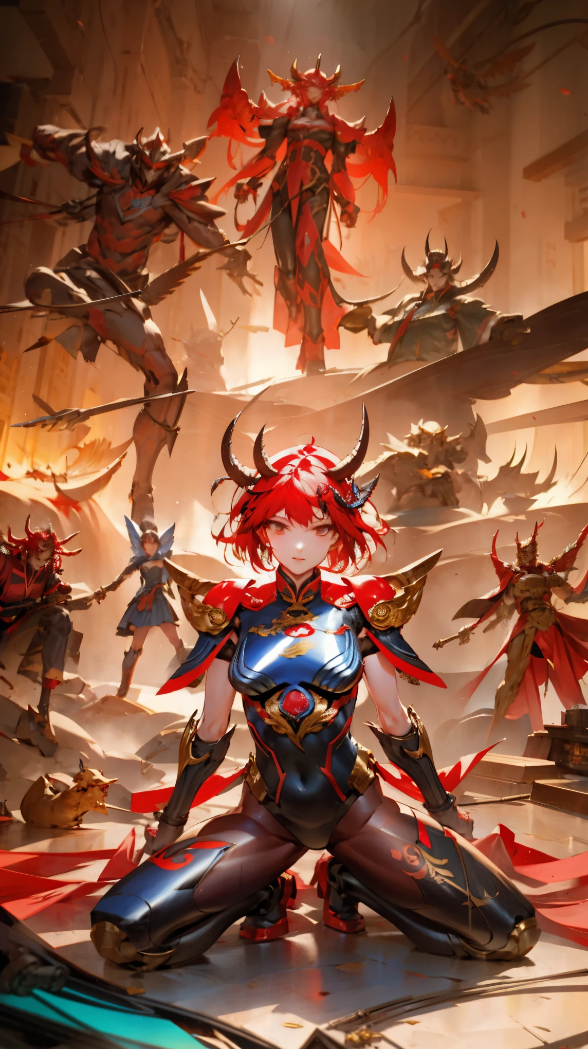 ((top-quality))、((tmasterpiece))、((Full body photo of a woman))、((very simple background))、(Game character design)、Amazonian Warriors,Original costume,Red demon monster、monster design,(the fire goddess,Lava elements fuse)、Cartoony、Beastman、Ivory ornaments、独奏、Fighting posture,Riot game concept art