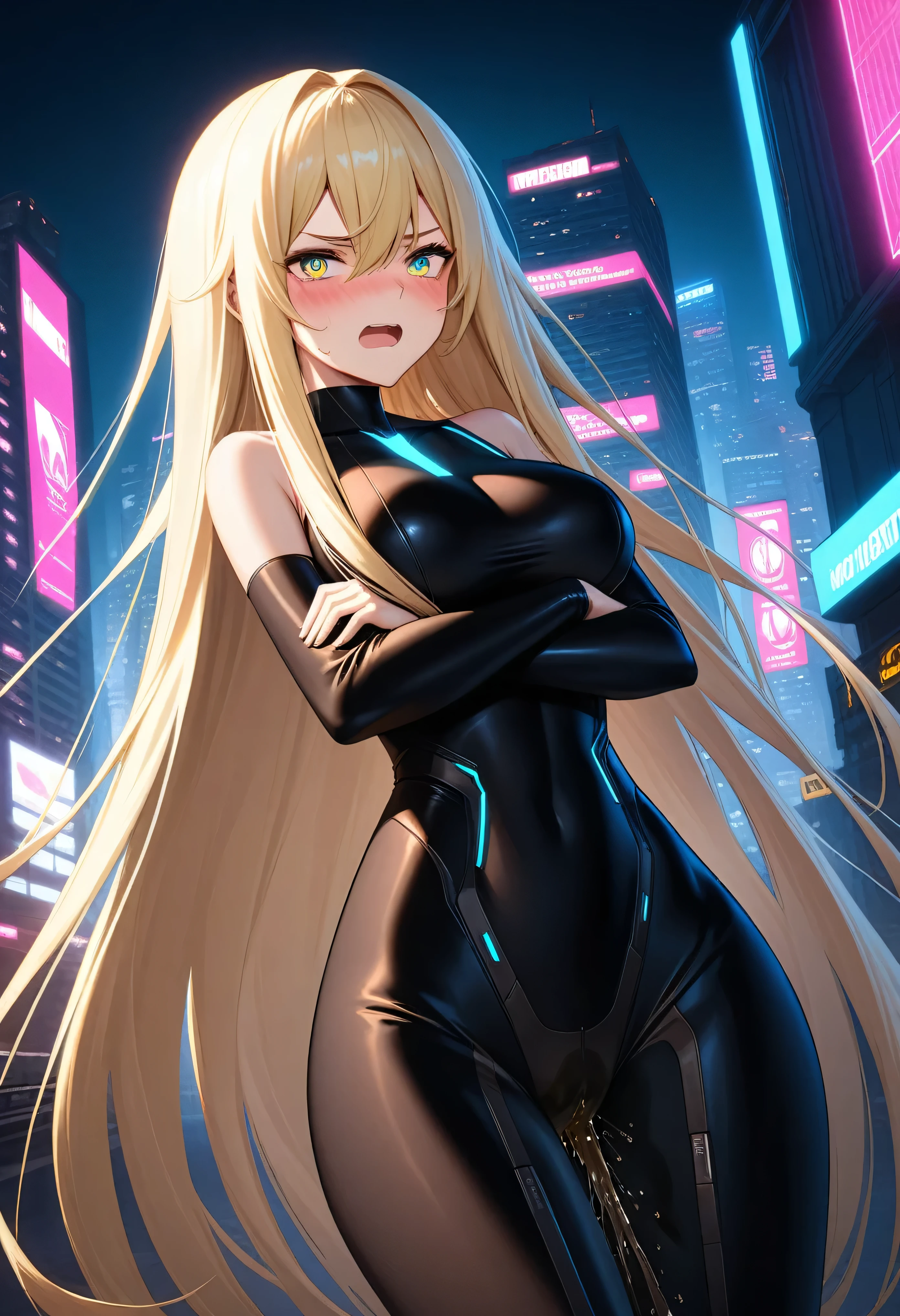 (high quality,Very detailed:1.37, High resolution), Woman, (very long hair:1.5), blonde hair, (multicolored eyes:1.5), blue eyes, yellow eyes, large breasts, (wetting herself:1.5), standing, (long tight dress:1.5), (arms crossed:1.5), (embarrassed:1.5), (humiliation:1.5), (angry:1.25), (blushing:1.5), open mouth, Cyberpunk Style, Cyberpunk Cityscape, Neon Light, High-tech accessories, Meticulous details, (extremely detailed eys:1.37), Glowing LED pattern, Urban scenery, Futuristic elements, Mysterious Aura, ,Flying cars racing through the air, Holographic Advertising, Visually stunning architecture, Energetic and dynamic poses, Gives off a powerful aura, The cityscape reflected in her metallic eyes, Graceful movement amidst chaos, A moonlit sky with a futuristic hue, Pulsating Electronic Soundtrack, Enhanced Augmented Reality Overlays, Interacting with virtual objects in the environment