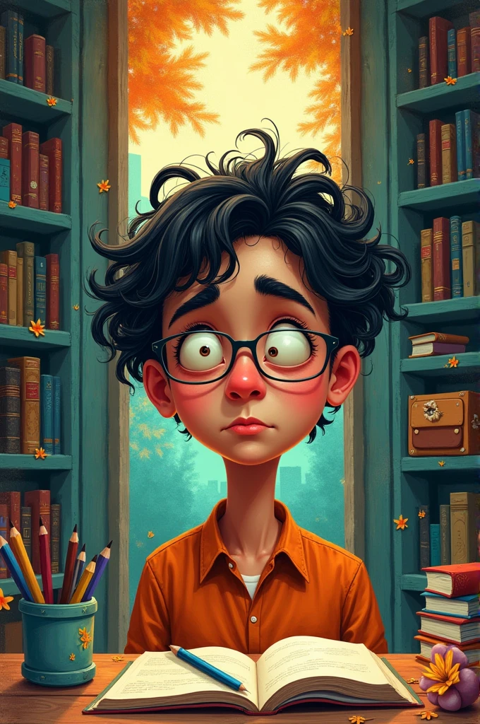 dark boy, with glasses that show books 