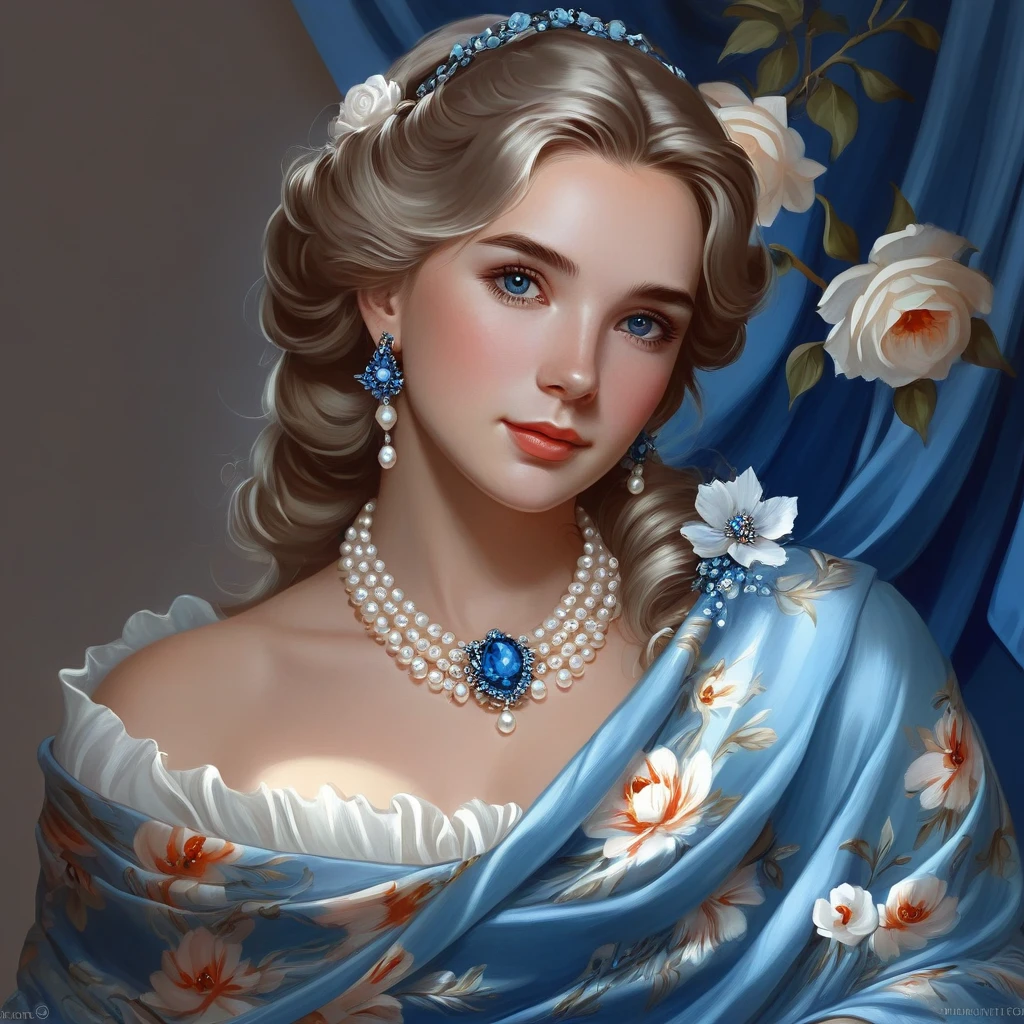 (( surround lighting )), depicts a woman in a blue dress, pearl and floral shawl , beautiful great digital art,  beautiful digital art,  elegant digital painting , Beautiful portrait picture, very  beautiful digital art,  beautiful digital artwork, great digital art,  Beautiful fantasy girl , beautiful digital painting,  beautiful fantasy art portrait , great digital painting, Beautiful Virgin,  Very beautiful portrait ,  A very beautiful girl 