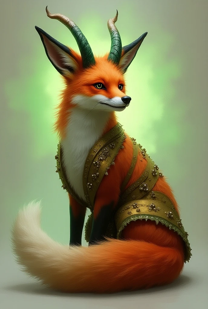 Mythical realistic cunning fox Trickster, with decorations, horns, and a green aura