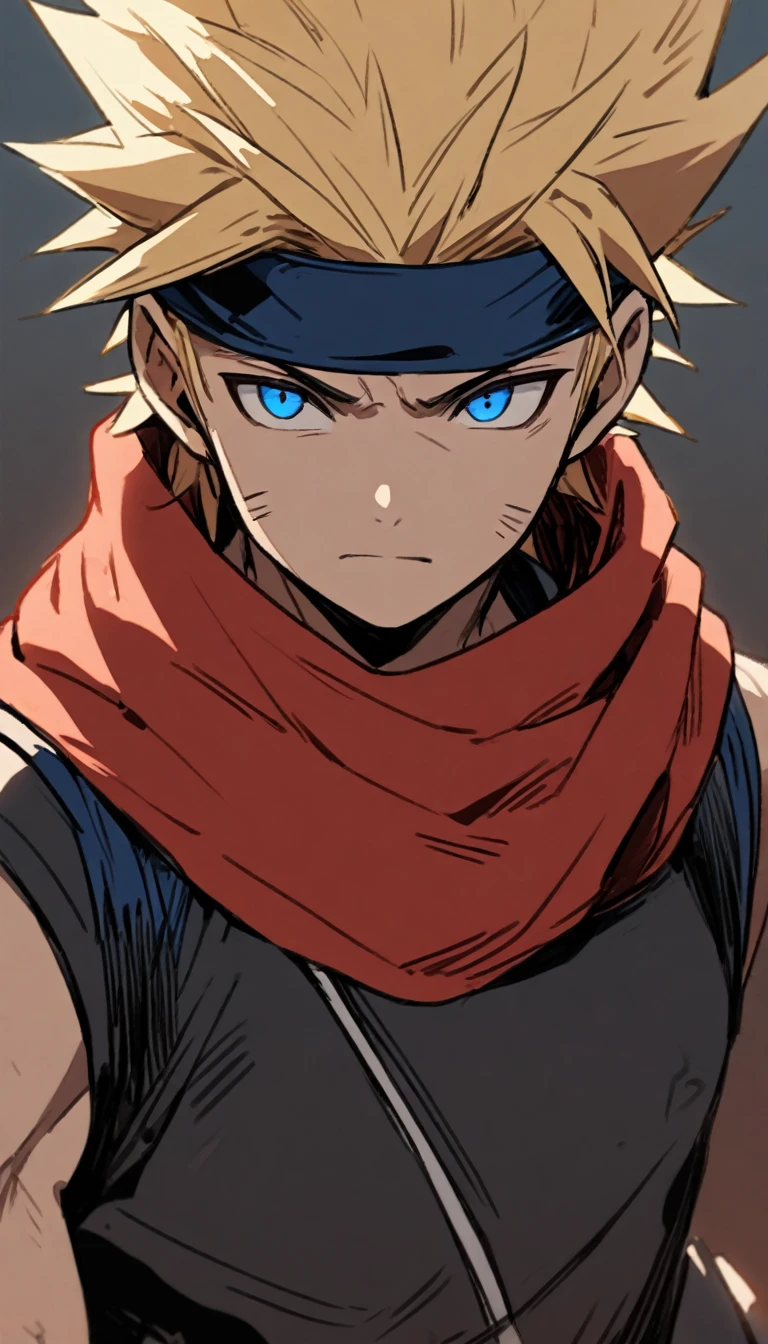  1 boy , Alone,  upper body , spiky hair, blond hair, Blue eyes, Reddened skin,  ninja headband ,  short orange crops,  black jacket without sleeves , red scarf, Confident expression