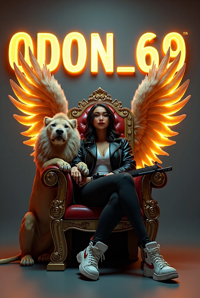Create a realistic full body image where a woman wearing white luxury suit with black shirt, her hair is black and silky and sitting on sofa with wings with crown 👑, she's holding a 🍷 wine glass in her hand, there is smoke in background a shadow. In background the name "Bebo" bold and glowing, showing in bold reflection in shadows.