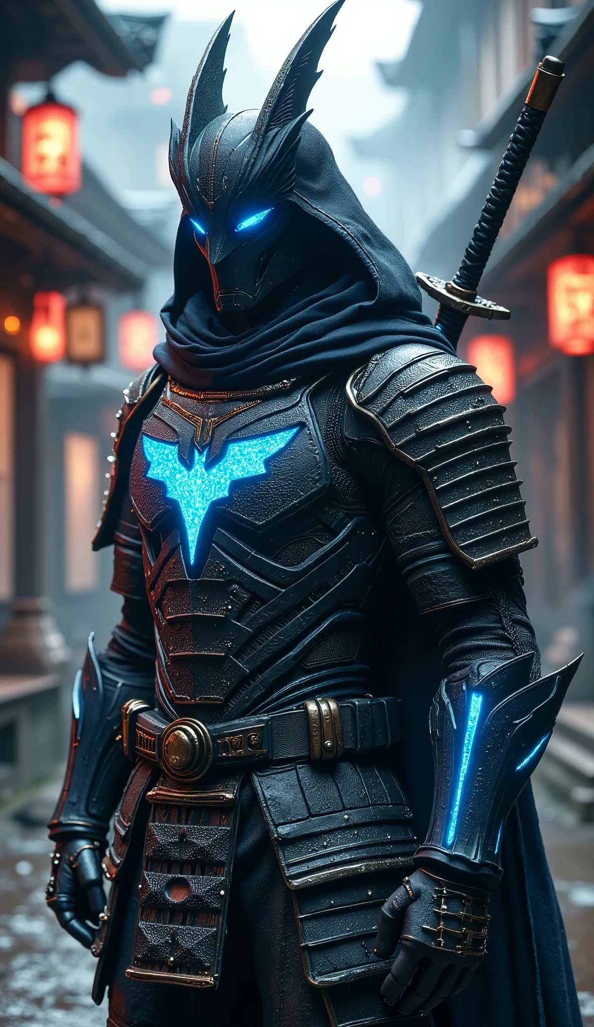 Create an ultra-realistic, wide-shot image of DC’s Nightwing reimagined as a fierce Samurai warrior, standing in a traditional Japanese street. His tactical samurai armor is infused with Nightwing’s iconic black and blue color scheme, with sleek, dark plating and vibrant blue accents that mimic his signature bird emblem subtly across the chest. His armor includes shoulder guards, gauntlets, and a high-tech cloak with a hood draped over his head and shoulders, adding a mysterious edge. A long, sharp katana is strapped to his back, and he stands with a poised yet powerful stance, embodying the agility and stealth of a master warrior. The background is an ancient Japanese street, complete with glowing lanterns, wooden buildings, and kanji signs, creating an authentic historical atmosphere. Mist swirls through the scene, enhancing the cinematic feel, as Nightwing’s presence as a legendary Samurai is highlighted in a wide shot, blending his vigilante spirit with the honor of a Samurai."