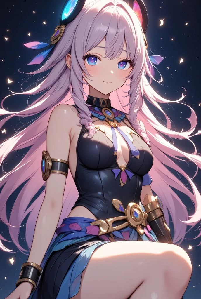 1girl,Sexy Pose,smugness,pink hair,parted bangs,very long hair,hair down,braids,(hair ornament),(facial Mark),blue eyes,(pink pupils),tribal clothes,Tribal clothing,Loin cloth,Black Bare Shoulder,leotard,skirt,One Elbow Glove,fingerless gloves glowing eyes,medium breasts,waistcloth,citlali,シトラリ,beautiful detailed,hyper detail,masterpiece,best quality,bright,citlali,moon night