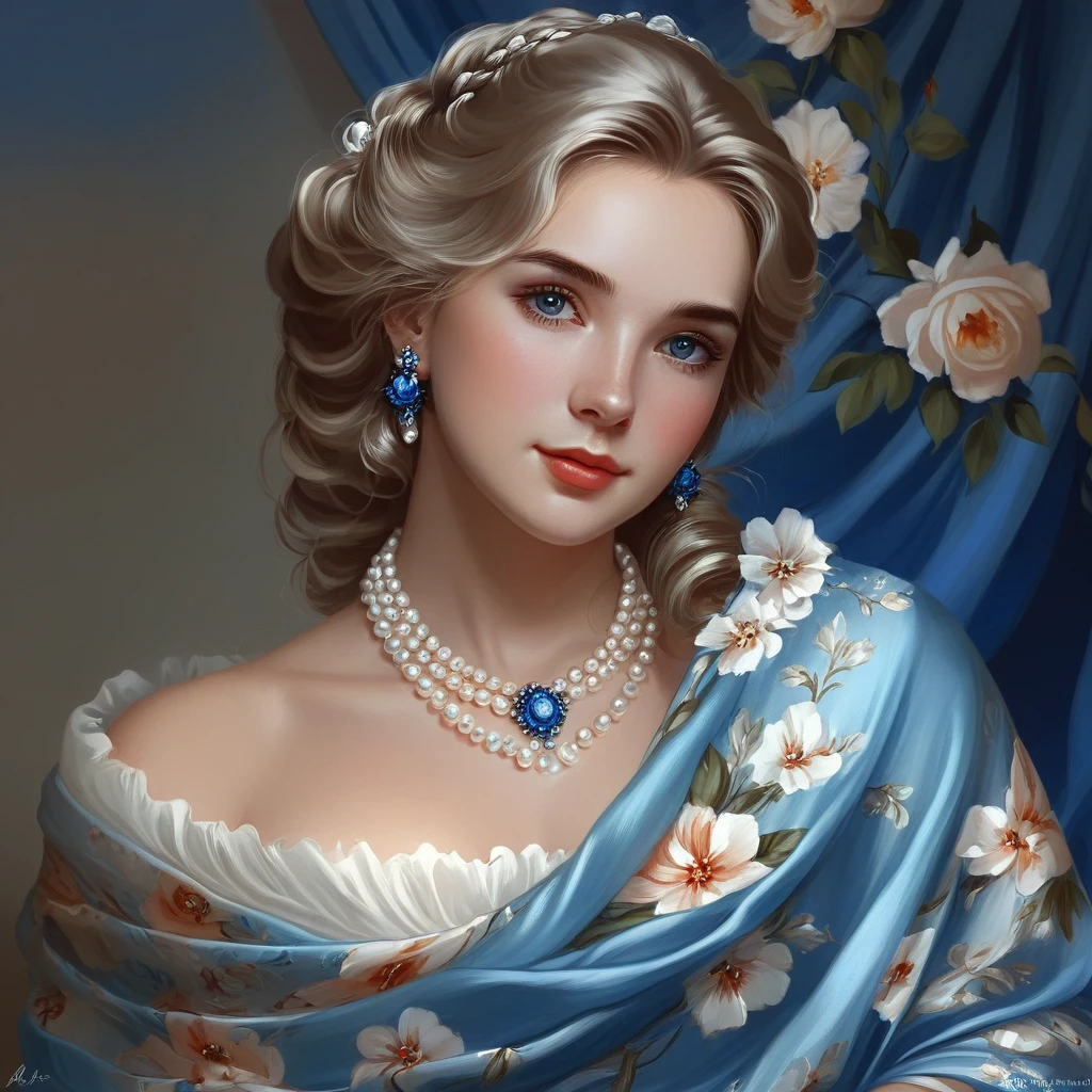 (( surround lighting )), depicts a woman in a blue dress, pearl and floral shawl , beautiful great digital art,  beautiful digital art,  elegant digital painting , Beautiful portrait picture, very  beautiful digital art,  beautiful digital artwork, great digital art,  Beautiful fantasy girl , beautiful digital painting,  beautiful fantasy art portrait , great digital painting, Beautiful Virgin,  Very beautiful portrait ,  A very beautiful girl 