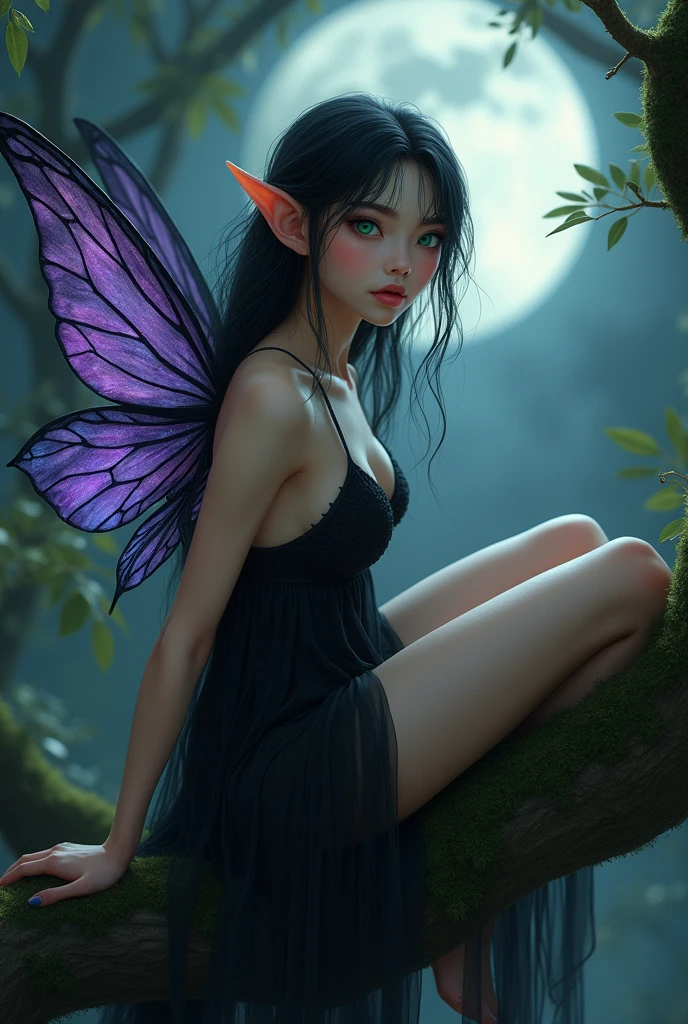 ((good evil image)), ((Vidia)), long shot, ((slim body)), ((skinny)), ((flat chest)), ((slim ass)), She is a sarcastic fast-flying fairy, Tinker Bell still, inside of fairy forest full of magic and spirits, insanely detailed faces, Vidia has long black hair, fair skin, pouty lips, and arched eyebrows. She is quite tall for a fairy, fluffy long black hair, wearing purple fairy dress, long glittering wings, headdress intricately detailed, martial arts, from front, volumetric lighting, perfect pupils, hair backlight, ear backlight, perfect eyes, expressive eyes, skin pores, detailed skin, detailed eyes, smoke, particle fx, mist, heavy strokes, paint drips, sidelighting, original illustration composition, deviantart, 8k resolution, muted colors, magical atmosphere, Lightings from back, shot with hasselblad, sharp focus, dof, extremely high quality RAW photograph, intricate, Exquisite details and textures, film grain, HD, 8k, highly detailed,