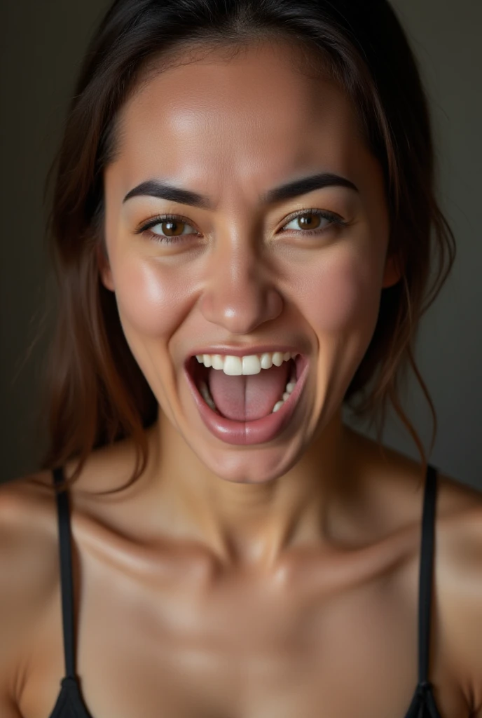 The image is a RAW close-up photo of Eraa. She has natural, unpolished skin, and no make-up on. She is angry:  The lips press tightly together or curl into a snarl, revealing clenched teeth. The eyebrows are drawn down and together, creating deep furrows on the forehead. The eyes narrow, with intense focus or glaring. Flared nostrils indicate heightened emotion, and there is tension in the jaw, which is clenched tightly. The canvas background is out of focus, ensuring the focus remains on the subject's face.