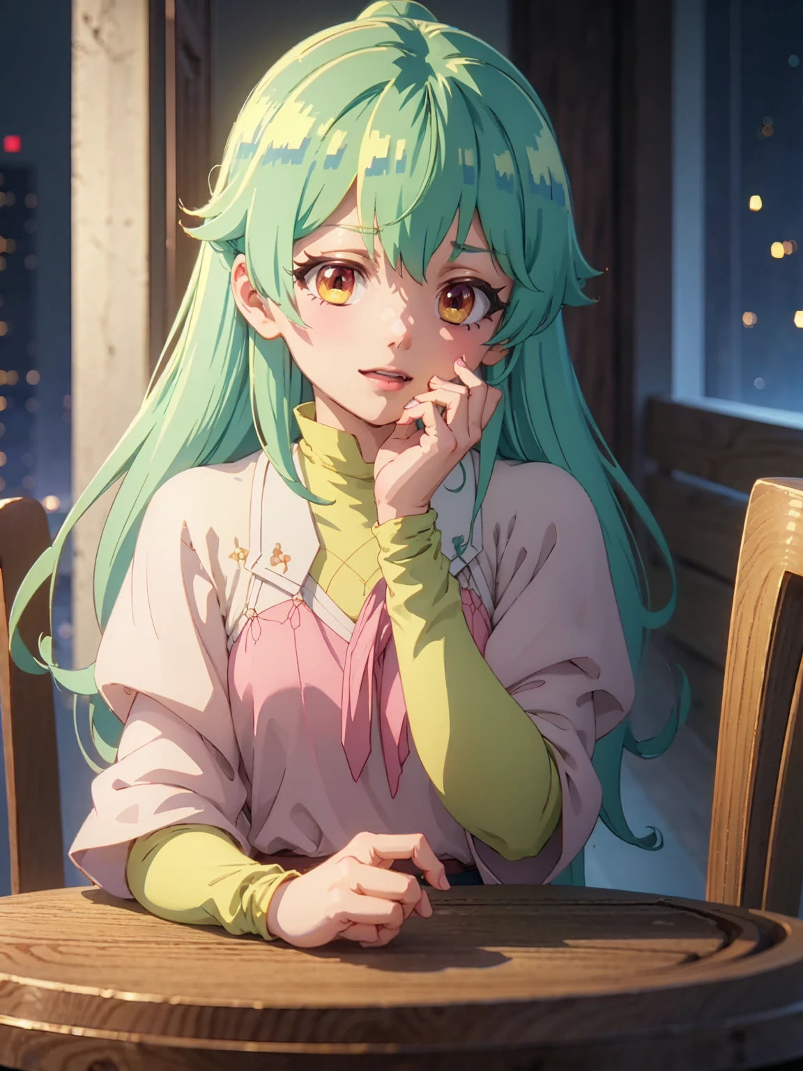  Artwork with an incredibly cinematic quality, character with cheerful facial expression and extremely detailed features . A cute and pretty one is wearing a pink blouse .  She is sitting at a table with her hand on her cheek . She has long green hair,  and she's in a city at night .