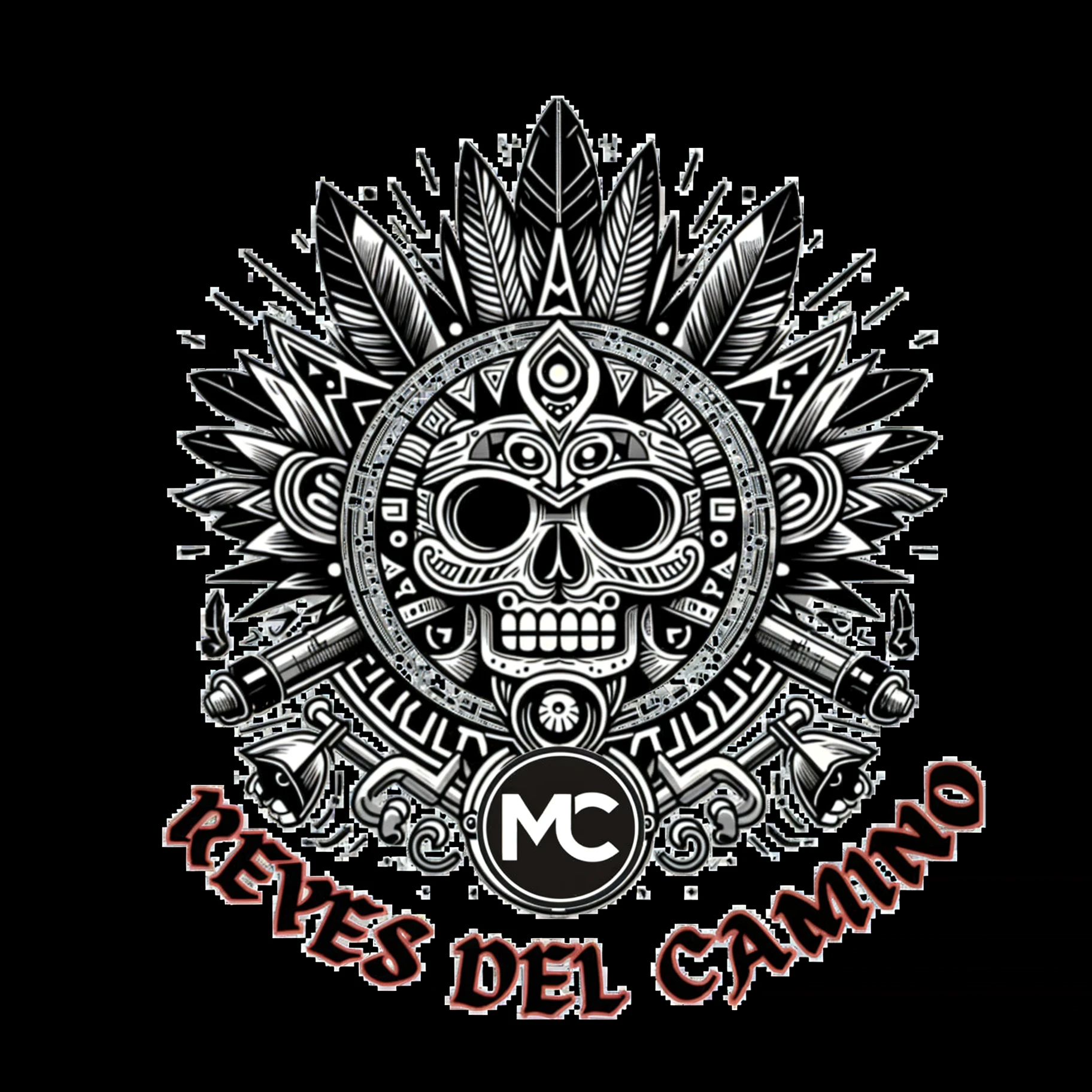 Logo for motorcycle club with skulls and Aztec calendar 
