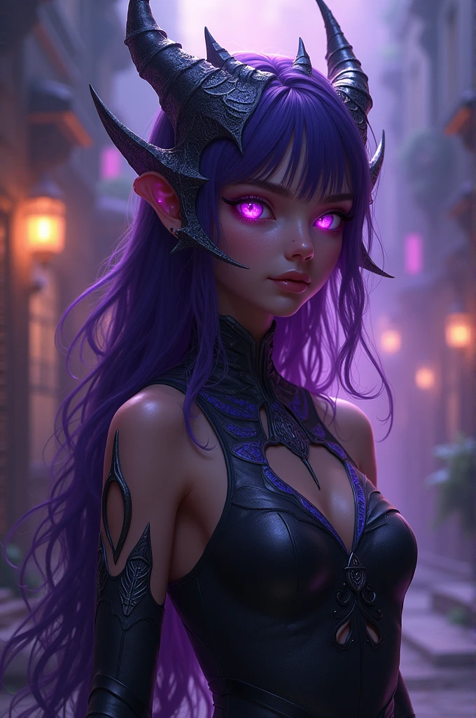 DaJi,purple hair,facial mark,pointy ears,purple eyes,lipstick, long hair, earrings,jewelry, black thong, detached sleeves,see-through attire,cleavage cutout, neck collar, solo, happy,, upper body, standing, battlefield, dusk, stars, night, (insanely detailed, beautiful detailed face, masterpiece, best quality)  <lora:DaJi-10v6:0.7> navel,