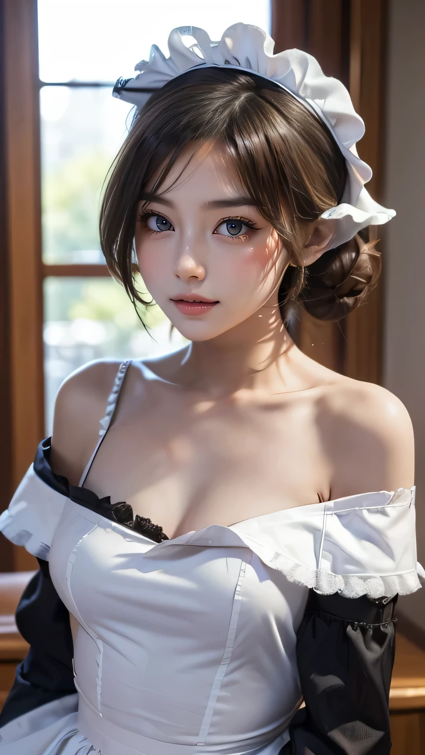 (((Best Quality))), ((masterpiece)), (  Details), ( upper body shot),((((((Girl in maid outfit, Off Shoulder,Maid&#39;s Headband,黒いfirst round)))))), ((( big breasts at the temple, cleavage, tight waist ,Slender body,))), ((  glowing skin  , white skin,  glowing skin  )), Mysterious Light, (((( angle capturing her face and whole body )))), ((( well-prepared face))), ((Big Eyes)), ((((((Droopy eyes)))))), (((( close your eyes)))), (( random angles)), (((( accurate anatomy )))),   Completely-valid, eyeshadow, earrings for a woman alone,first round, (((I'm lying on my back on the bed,Hands tied))), 