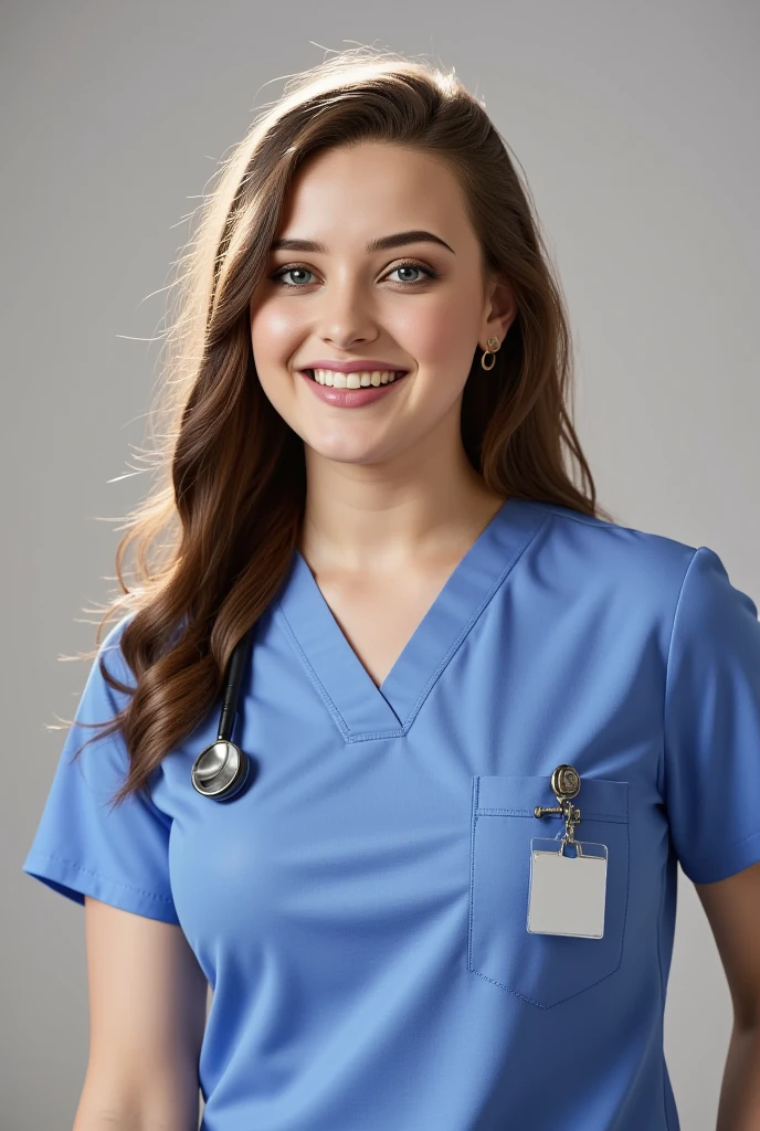 Hyper-realistic and detailed full-body photo of a smiling young woman wearing a nurse's outfit.  perfect eyes, ( eye makeup  :1.1), (detailed skin:1.1), (perfect large ), CRU, analog style, sharp focus, 8K UHD, dslr camera,  high quality, Fujifilm XT3, grain, awarded, masterpiece.