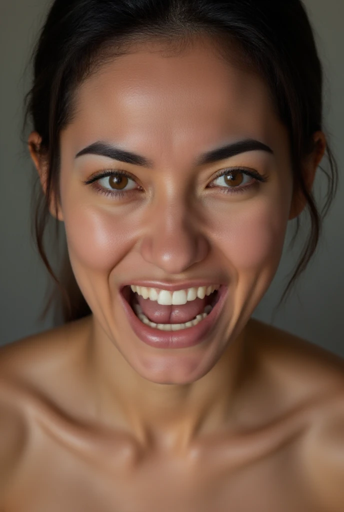 The image is a RAW close-up photo of Eraa. She has natural, unpolished skin, and no make-up on. She is angry:  The lips press tightly together or curl into a snarl, revealing clenched teeth. The eyebrows are drawn down and together, creating deep furrows on the forehead. The eyes narrow, with intense focus or glaring. Flared nostrils indicate heightened emotion, and there is tension in the jaw, which is clenched tightly. The canvas background is out of focus, ensuring the focus remains on the subject's face.